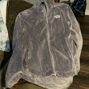 gray fuzzy north face zip up